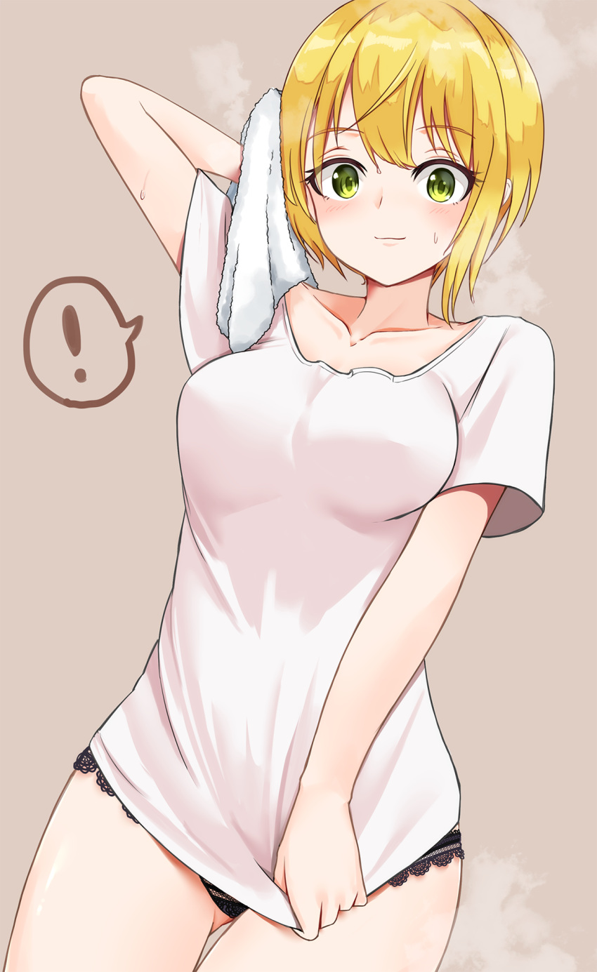 !, 1girl, arm_up, black_panties, blonde_hair, blush, breasts, gluteal_fold
