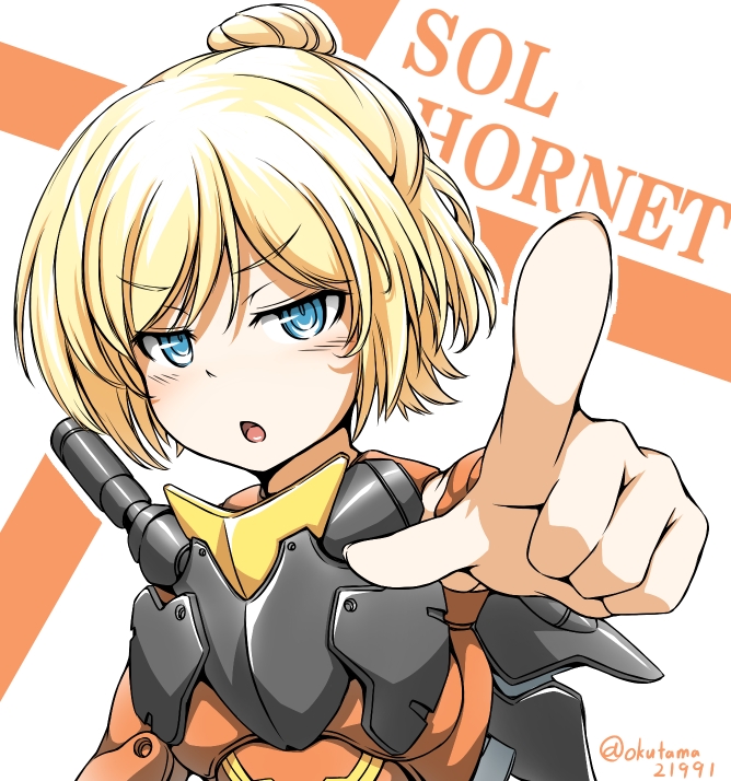 >:o, 1girl, :o, armor, artist_name, blonde_hair, blue_eyes, character_name, doll_joints, eyebrows_visible_through_hair, mecha_musume, megami_device, okutama_tarou, pointing, pointing_at_viewer, short_hair, simple_background, sol_hornet