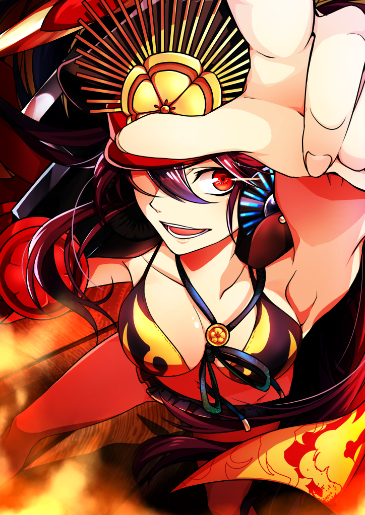 :d, between_breasts, bikini, black_hair, collarbone, fate/grand_order, fate_(series), fire