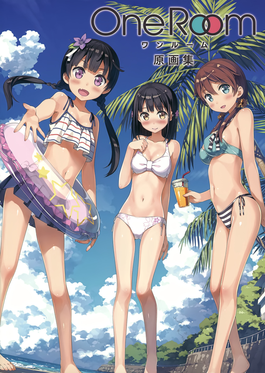 >:d, 3:, 3girls, :d, absurdres, aqua_bikini_top, arm_at_side, bare_legs, barefoot, beach, bikini, bikini_bottom, black_hair, blue_eyes, blue_sky, blush, breasts, brown_hair, cleavage, collarbone, contrapposto, day, drink, dutch_angle, fang, flower, from_below, hair_between_eyes, hair_flower, hair_ornament, hair_over_shoulder, hand_on_own_chest, highres, innertube, kantoku, light_brown_eyes, looking_at_viewer, low_twintails, medium_breasts, medium_hair, multiple_girls, navel, open_mouth, original, outdoors, outstretched_hand, pleated_skirt, side-tie_bikini, skirt, sky, small_breasts, smile, standing, strap_gap, striped_bikini_bottom, swimsuit, twintails, violet_eyes, white_bikini