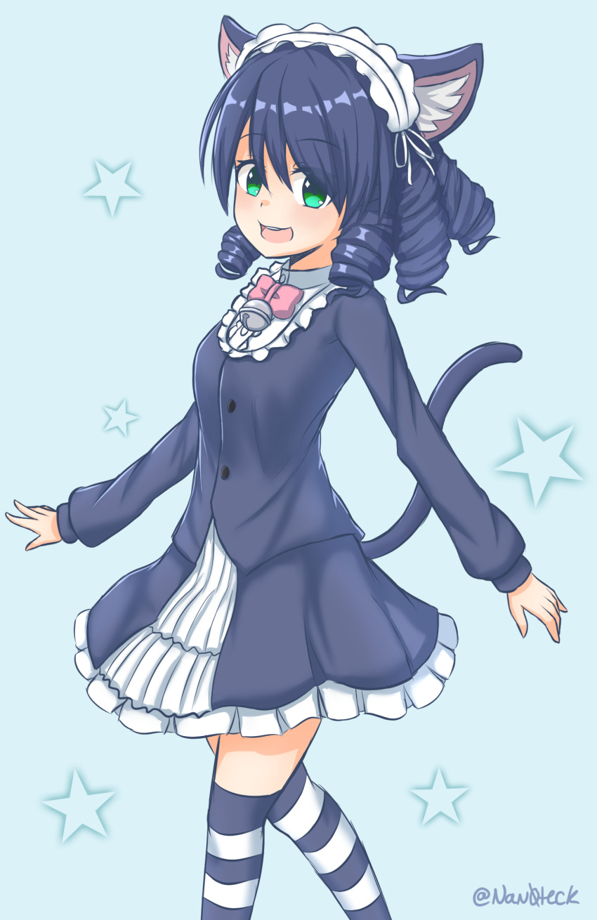 1girl, animal_ears, artist_name, bell, black_legwear, blue_hair, blush, bow