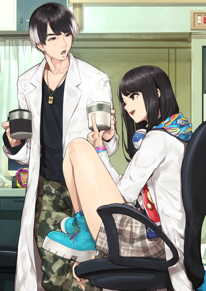 1boy, 1girl, black_eyes, black_hair, camouflage, camouflage_pants, cup, dog_tags, female, hanaya_taiga, headphones, highres, hitoto, hood, jacket, jewelry, kamen_rider, kamen_rider_ex-aid_(series), long_hair, male, mug, multicolored_hair, necklace, one_eye_closed, pants, rider_belt, saiba_niko, smile, streaked_hair, two-tone_hair, white_hair