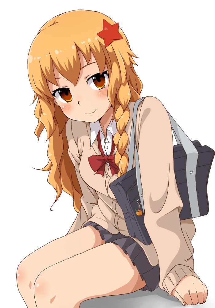 1girl, azusa_(cookie), bag, black_skirt, blonde_hair, blush, brown_eyes, closed_mouth