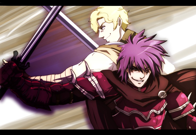 2boys, armor, bandage, bare_shoulders, biwaminstrelso1, cape, deen_(fire_emblem), fire_emblem