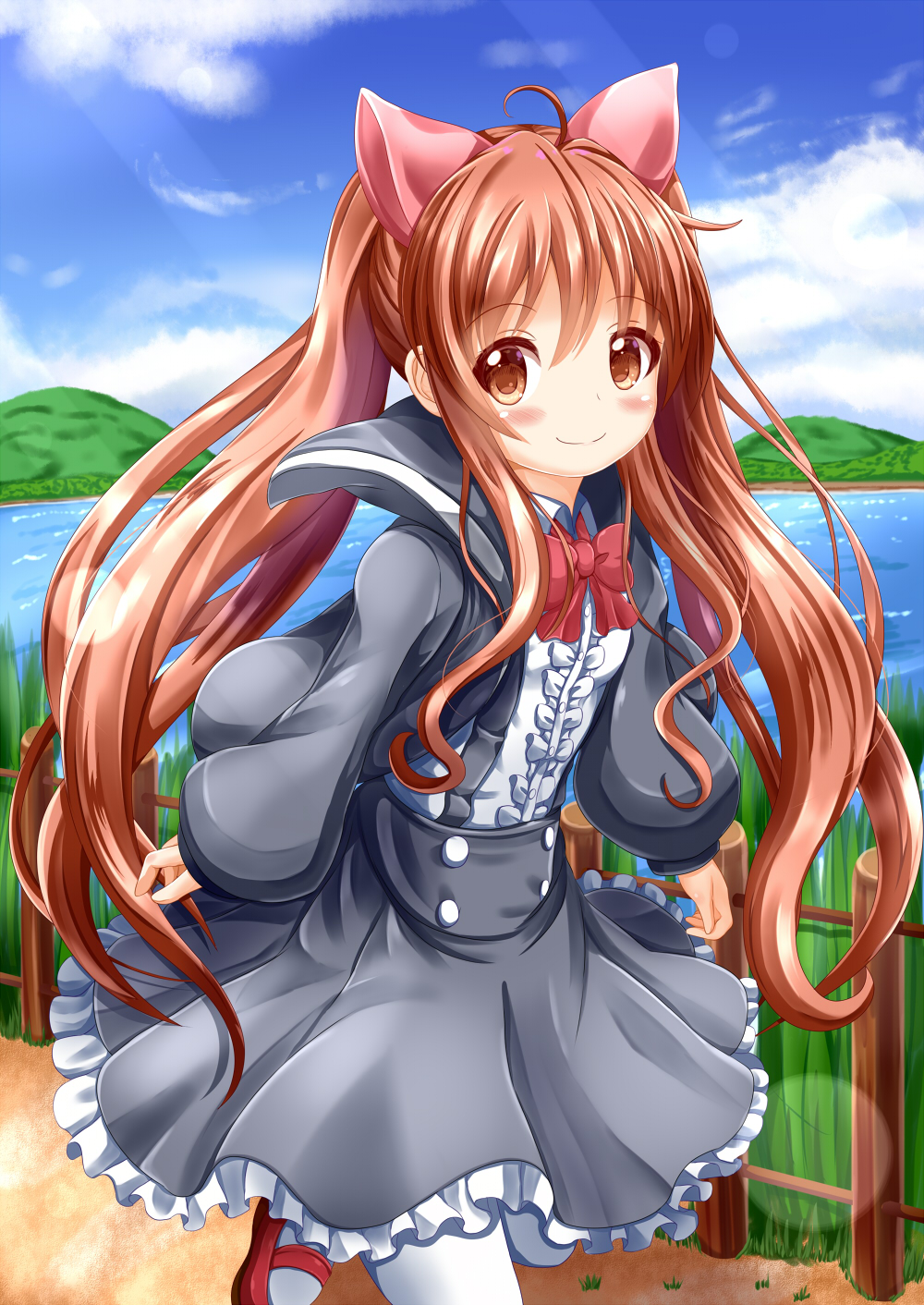 1girl, ahoge, aloe_(quiz_magic_academy), blush, bow, brown_eyes, brown_hair, closed_mouth