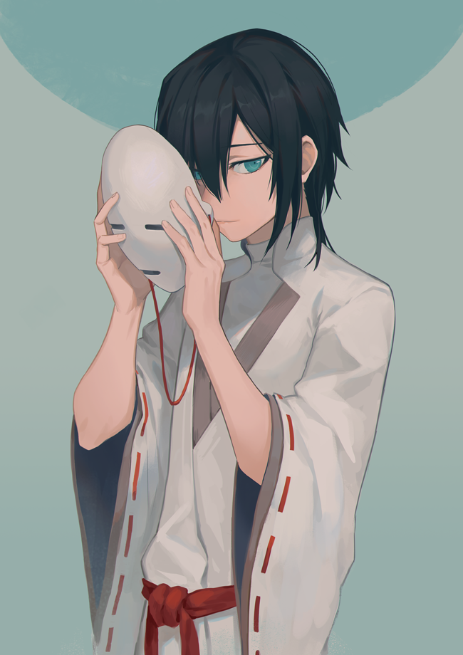1boy, 8c, aonuma_shun, black_hair, closed_mouth, green_eyes, holding, holding_mask