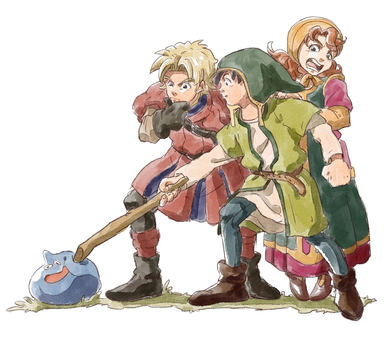 1girl, blue_eyes, breasts, curly_hair, dragon_quest, dragon_quest_vii, dress, full_body
