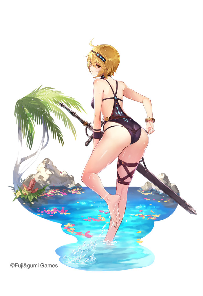 ahoge, ass, blonde_hair, breasts, company_name, dare_ga_tame_no_alchemist, eyebrows_visible_through_hair, flower, grants_(dare_ga_tame_no_alchemist), hairband, leg_up, medium_breasts, official_art, palm_tree, petals, sheath, sheathed, short_hair, swimsuit, swimsuit_pull, sword, tree, tropical, water, weapon, wet, wet_clothes, wet_hair, wet_swimsuit, yellow_eyes