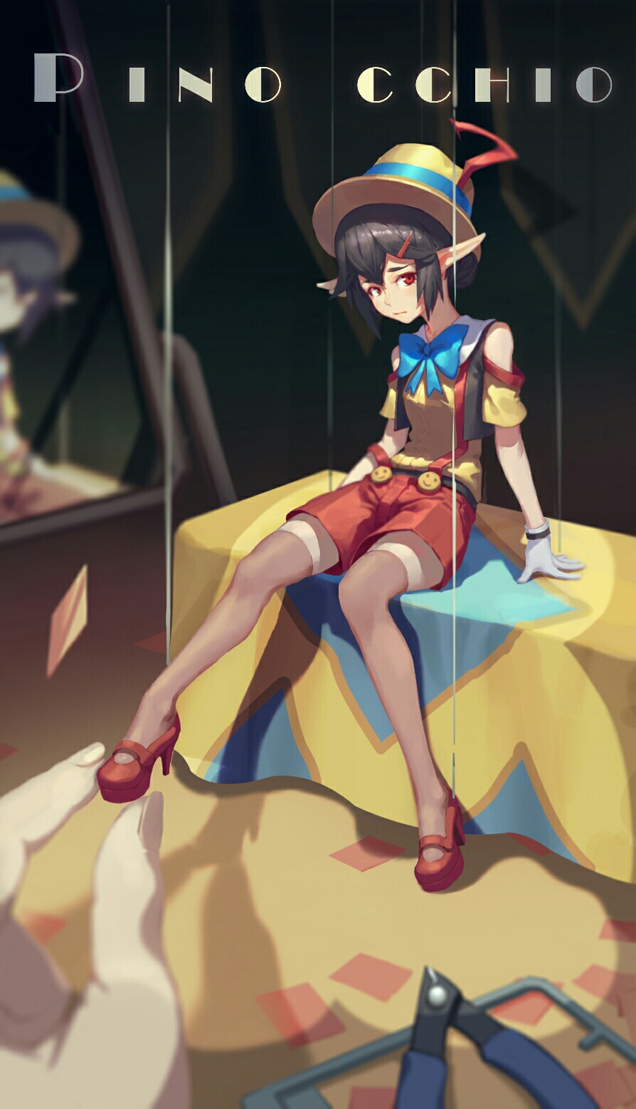 1girl, black_hair, blue_ribbon, brown_legwear, copyright_name, genderswap, genderswap_(mtf), gloves, hair_ornament, hairclip, hat, hat_ribbon, high_heels, highres, looking_at_viewer, ouer_moyu, pinocchio, pinocchio_(character), pointy_ears, red_eyes, ribbon, short_hair, sitting, solo, thigh-highs, white_gloves