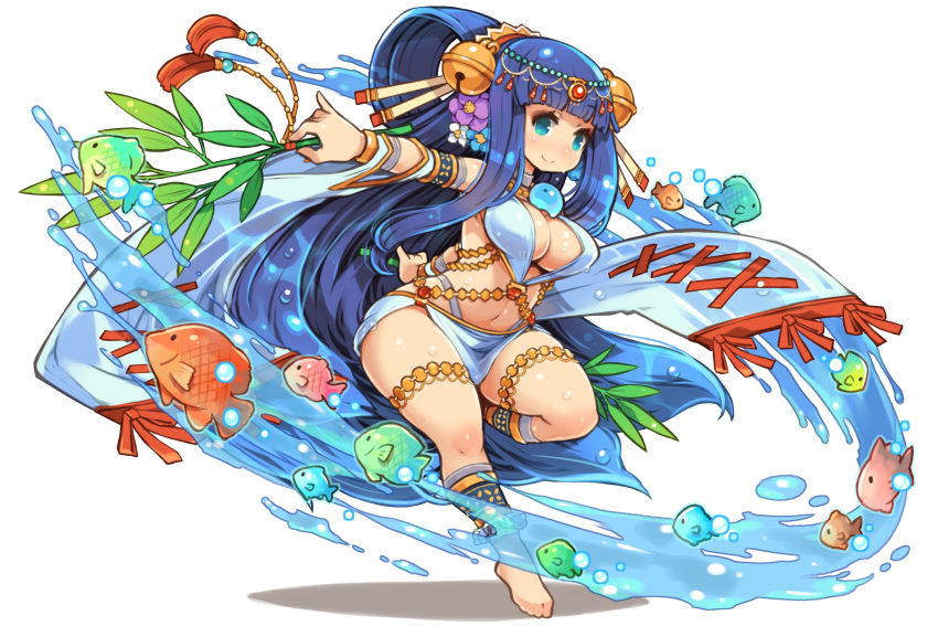 1girl, absurdly_long_hair, amenouzume, bangs, barefoot, bell, blue_eyes, blue_hair