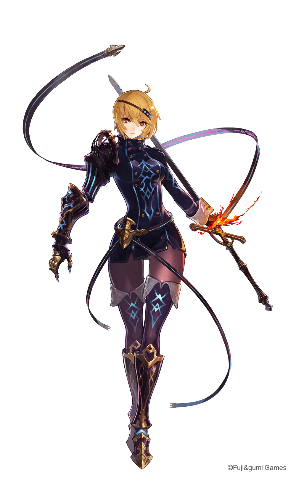 ahoge, belt, blonde_hair, boots, breasts, buttons, collar, company_name