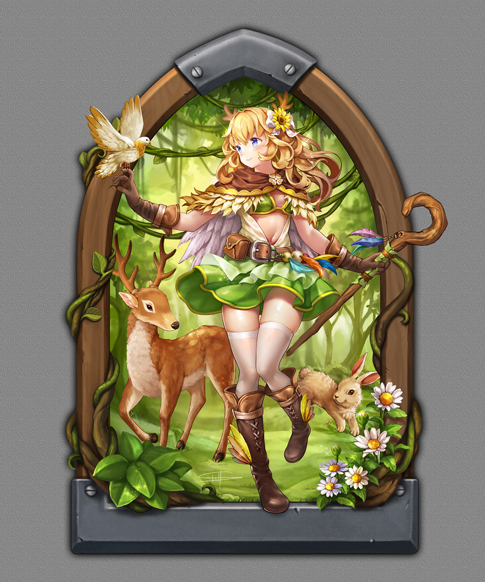 1girl, antlers, arch, belt, belt_pouch, bird, bird_on_hand, blonde_hair
