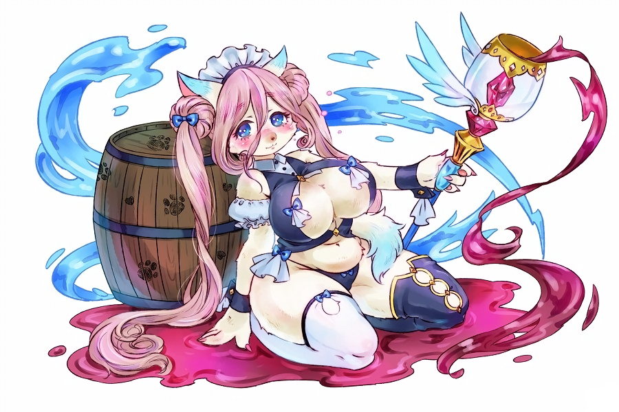 1girl, animal_ears, barrel, black_legwear, blue_eyes, blush, bow, breasts