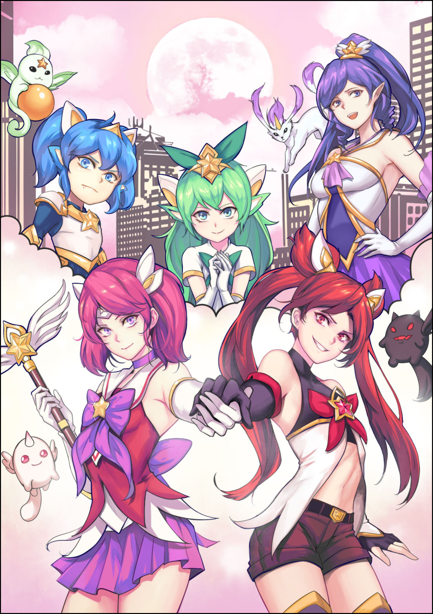 5girls, armor, bare_shoulders, blue_eyes, blue_hair, breasts, building, cal_(pmgdd)