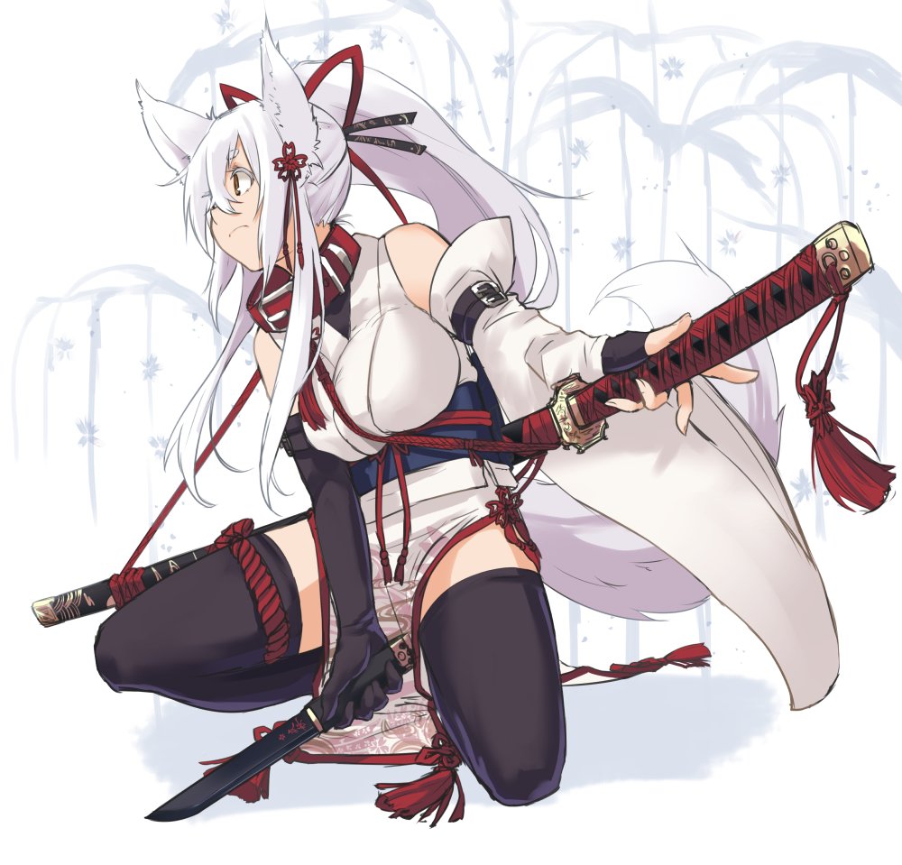 1girl, animal_ears, bare_shoulders, black_legwear, breasts, collar, fox_ears, gloves
