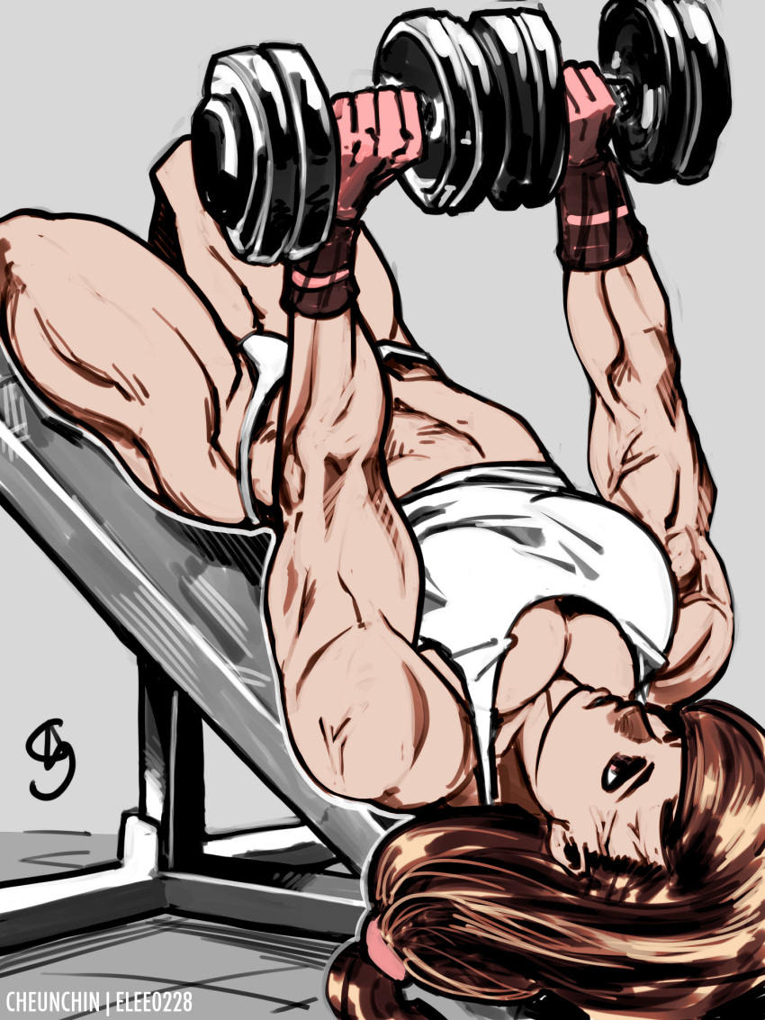 1girl, breasts, brown_hair, cheunchin, collaboration, crop_top, downblouse, dumbbell, elee0228, exercise, final_fantasy, final_fantasy_vii, gloves, highres, long_hair, low-tied_long_hair, medium_breasts, midriff, muscle, muscular_female, panties, solo, tank_top, thick_thighs, thighs, tifa_lockhart, underwear, upside-down, weights, white_panties