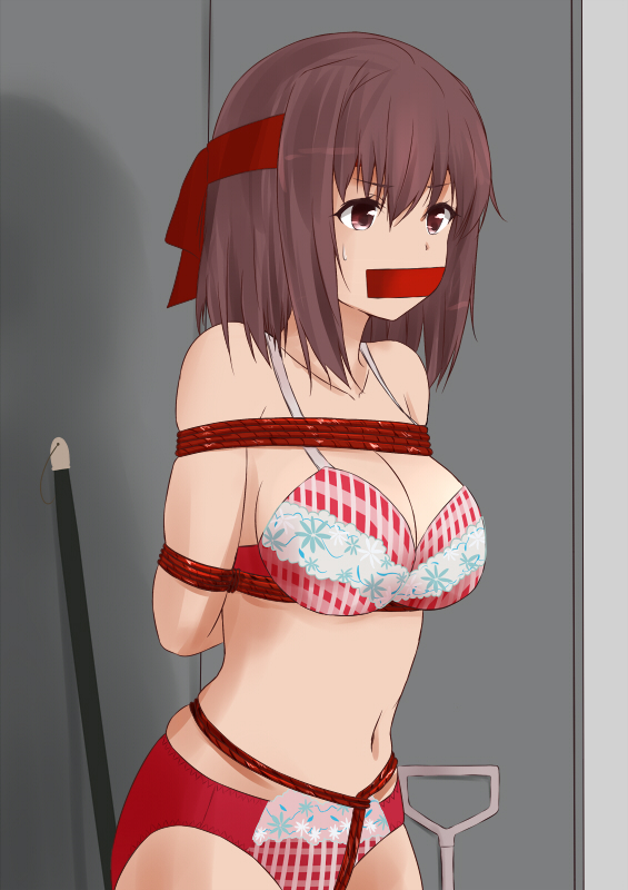 1girl, arms_behind_back, bangs, bdsm, bondage, bound, bra, breasts, brown_eyes, brown_hair, checkered, checkered_bra, checkered_panties, cleavage, gagged, girls_und_panzer, headband, indoors, kondou_taeko, large_breasts, navel, panties, print_bra, print_panties, red_bra, red_headband, red_panties, restrained, rope, saku_(kudrove), shibari, short_hair, solo, standing, sweat, tied_up, underwear, underwear_only