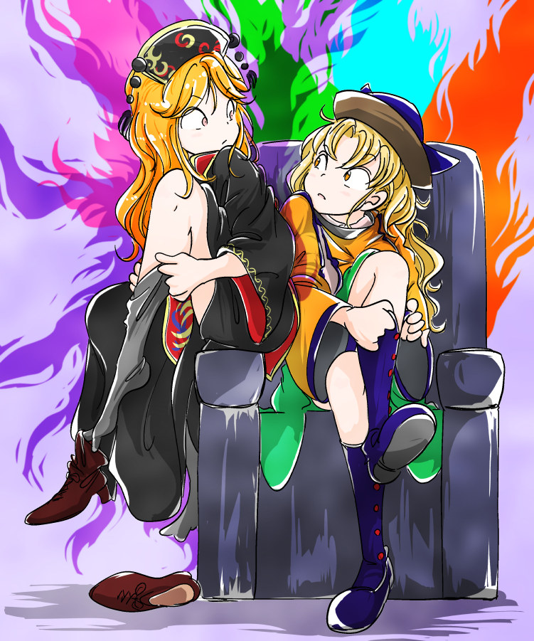 2girls, black_dress, blonde_hair, chair, chinese_clothes, dress, dressing, expressionless, eye_contact, junko_(touhou), knee_to_chest, long_hair, looking_at_another, matara_okina, multicolored, multicolored_background, multiple_girls, orange_dress, parted_lips, pink_eyes, putting_on_boots, rochika_gekijou, shoe_removed, shoes, single_shoe, sitting, sketch, sock_pull, touhou, yellow_eyes