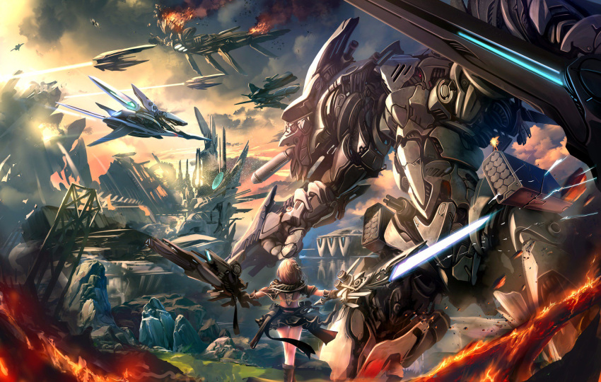 1girl, aerial_battle, aircraft, airplane, battle, boots, brown_hair, burning
