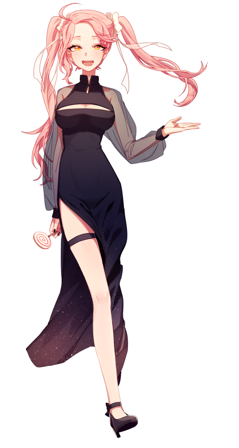 1girl, black_dress, black_nails, bow, candy, cleavage_cutout, dress, eyelashes
