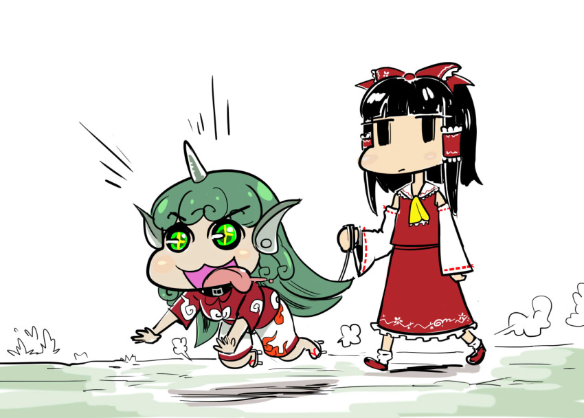 +_+, 2girls, black_hair, cloud_print, curly_hair, gapangman, green_eyes, hair_tubes, hakurei_reimu, holding_leash, horn, kariyushi_shirt, komano_aun, leash, long_hair, multiple_girls, no_nose, red_shirt, shirt, shorts, tongue, tongue_out, touhou, walking, white_shorts