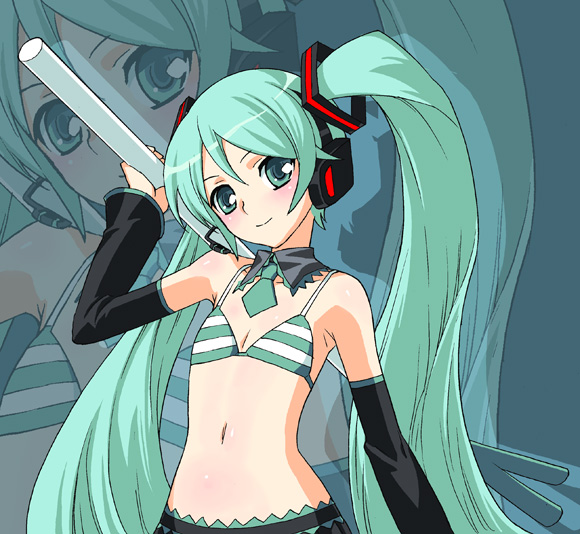 aqua_eyes, aqua_hair, armpits, belly, bikini, blush, detached_sleeves, flat_chest