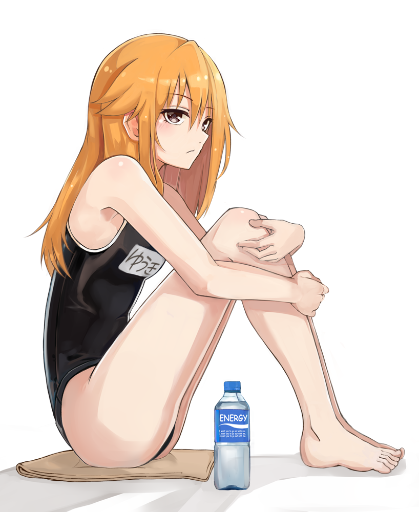 1girl, bangs, bare_arms, bare_legs, bare_shoulders, barefoot, black_swimsuit, blonde_hair, blush, body_blush, bottle, brown_eyes, closed_mouth, clothes_writing, commentary_request, competition_swimsuit, expressionless, eyebrows_visible_through_hair, from_side, full_body, hair_between_eyes, idolmaster, idolmaster_cinderella_girls, leg_hug, legs_together, long_hair, looking_away, naga1047, one-piece_swimsuit, shiny, shiny_hair, simple_background, sitting, solo, swimsuit, towel, tsurime, water_bottle, white_background, yuuki_haru