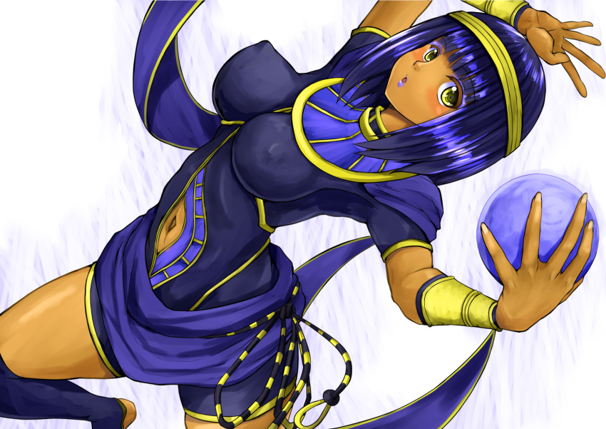 1girl, commentary, commentary_request, crystal_ball, erect_nipples, hagoromo, highres, impossible_clothes, menat, navel, over-kneehighs, purple_hair, ryoushun, shawl, street_fighter, street_fighter_v, thigh-highs, yellow_eyes