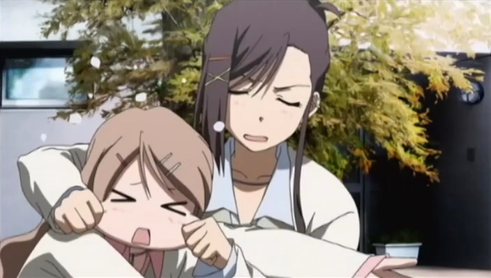 >_<, blonde_hair, brown_hair, candy_boy, cap, cheek_tug, face_tug, hairclip, sakurai_kanade, sakurai_yukino, tagme