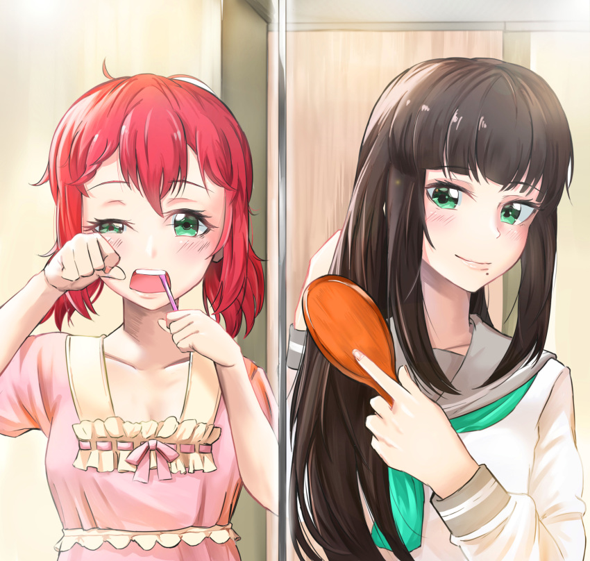 2girls, absurdres, blush, brown_hair, brushing_teeth, closed_mouth, collarbone, comb, commentary_request, eyebrows_visible_through_hair, green_eyes, hair_between_eyes, hair_brushing, hair_over_shoulder, head_tilt, highres, holding, kurosawa_dia, kurosawa_ruby, long_hair, long_sleeves, looking_at_viewer, love_live!, love_live!_sunshine!!, messy_hair, mirror, mole, mole_under_mouth, multiple_girls, pajamas, redhead, reflection, ribbon_trim, rubbing_eyes, school_uniform, serafuku, shaka_0515, shirt, siblings, sisters, sketch, smile, squinting, toothbrush