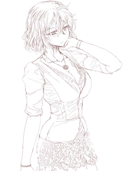 1girl, alternate_costume, bangs, breasts, cleavage, commentary_request, contemporary, cowboy_shot