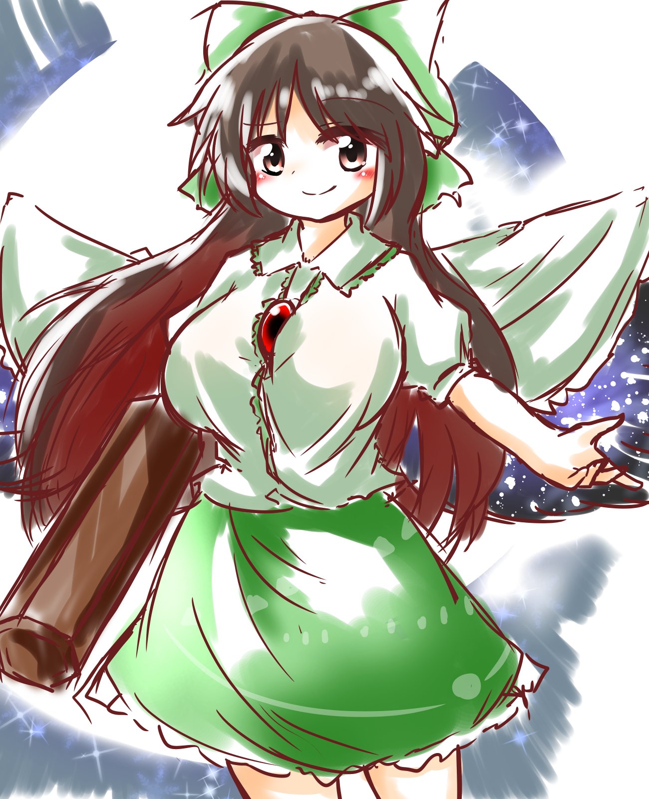 1girl, arm_cannon, black_hair, blush, bow, breasts, brown_eyes, cape