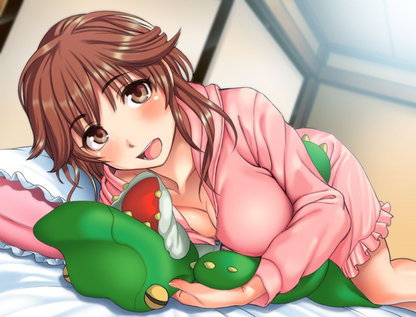 1girl, amagami, breasts, brown_eyes, brown_hair, cleavage, large_breasts, looking_at_viewer