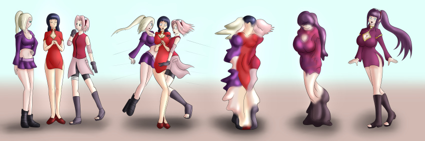 3girls, absurdres, blonde_hair, blue_hair, breasts, chimerism, cleavage, doodledowd, fusion, green_eyes, grey_eyes, hair_over_one_eye, haruno_sakura, highres, hyuuga_hinata, large_breasts, long_hair, merging_bodies, multiple_girls, naruto, naruto_shippuuden, pink_hair, progression, purple_hair, short_hair, yamanaka_ino