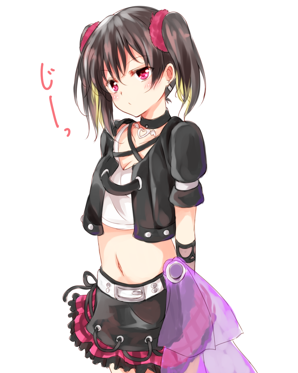 1girl, arms_behind_back, black_hair, breasts, choker, cleavage, collarbone, cowboy_shot