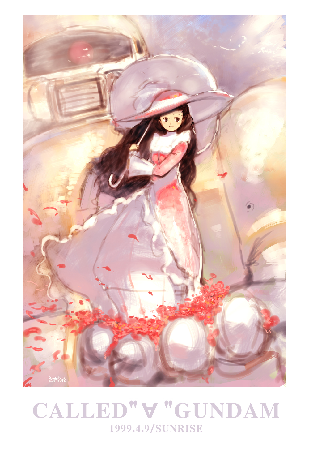 black_hair, blush, borjarnon, faux_traditional_media, gundam, hat, highres, lily_borjarno, lily_borjarnon, long_hair, mecha, rondo_bell, text, turn_a_gundam, umbrella, very_long_hair, zaku, zaku_ii