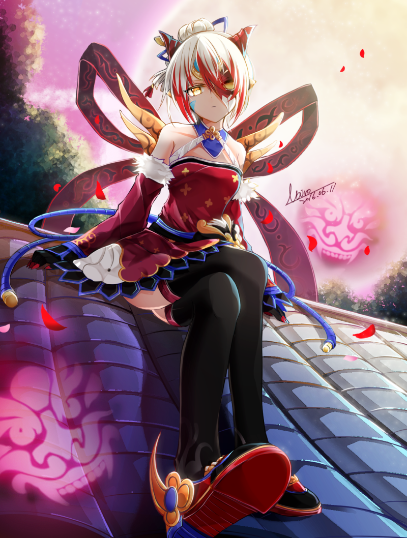 1girl, black_gloves, black_legwear, breasts, choker, collarbone, detached_sleeves, dress