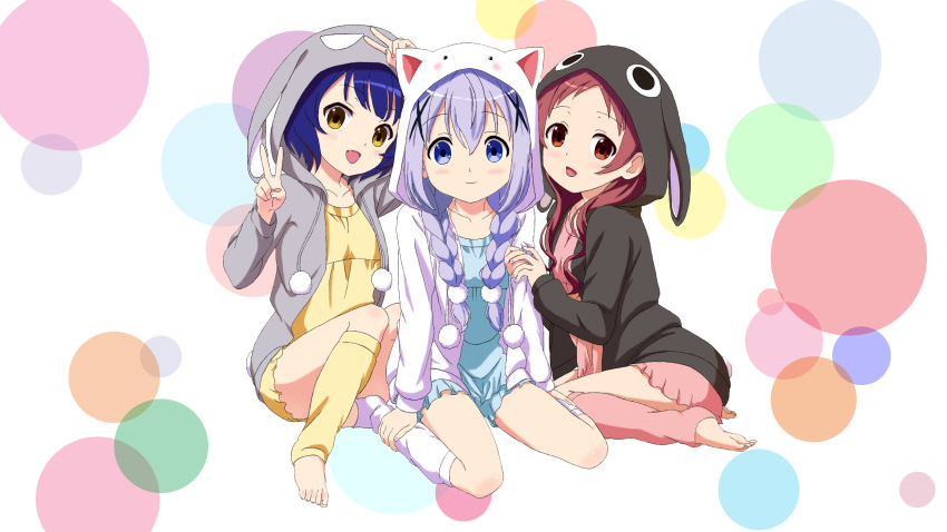 3girls, :d, animal_hood, barefoot, black_sweater, blue_dress, blue_eyes, blue_hair