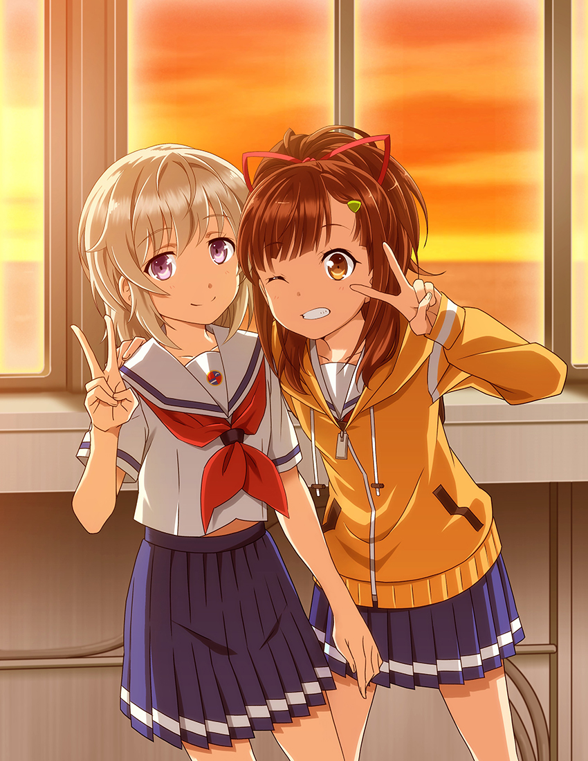 2girls, ;d, apr, blue_skirt, brown_eyes, brown_hair, cowboy_shot, eyebrows_visible_through_hair