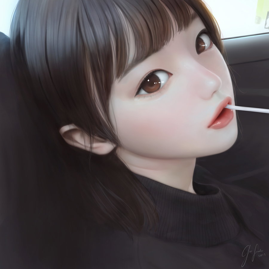 1girl, bangs, black_hair, black_shirt, brown_eyes, candy, car_interior, day