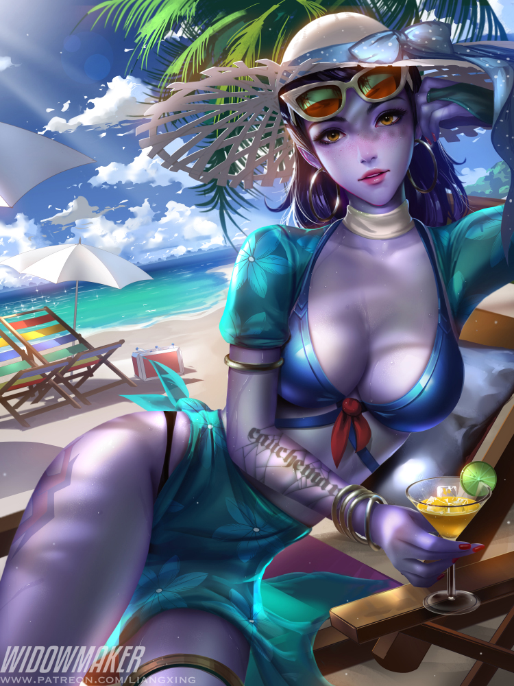 1girl, alternate_costume, arm_tattoo, artist_name, bangle, beach, beach_umbrella, blue_ribbon