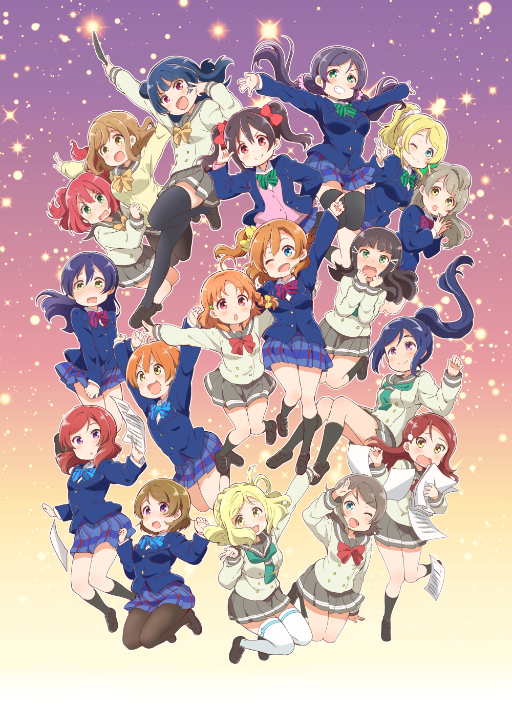 >:), >:d, >;d, 6+girls, :d, :o, ;), ;d, \m/, aqua_neckerchief, arm_up, ayase_eli, bangs, black_hair, black_legwear, black_shoes, blazer, blonde_hair, blue_bow, blue_bowtie, blue_eyes, blue_hair, bow, bowtie, braid, brown_hair, cardigan, clenched_hands, cover, cover_page, crown_braid, feathers, green_bow, green_bowtie, green_eyes, grey_hair, grin, hair_bow, hair_ornament, hair_rings, hairclip, half_updo, hand_on_hip, highres, hoshizora_rin, index_finger_raised, jacket, kneehighs, koizumi_hanayo, kousaka_honoka, kunikida_hanamaru, kurosawa_dia, kurosawa_ruby, loafers, long_hair, long_ponytail, long_sleeves, love_live!, love_live!_school_idol_project, love_live!_sunshine!!, matsuura_kanan, mezashi_(mezamashi_set), minami_kotori, miniskirt, multiple_girls, neckerchief, nishikino_maki, ohara_mari, one_eye_closed, one_side_up, open_mouth, orange_hair, otonokizaka_school_uniform, outstretched_arms, papers, ponytail, purple_hair, red_bow, red_bowtie, red_eyes, redhead, sakurauchi_riko, salute, school_uniform, scrunchie, serafuku, shoes, short_hair, side_braid, side_bun, skirt, skirt_tug, smile, socks, sonoda_umi, sparkle, spread_arms, striped, striped_bow, striped_bowtie, takami_chika, thigh-highs, tie_clip, toujou_nozomi, tsushima_yoshiko, twintails, two_side_up, uranohoshi_school_uniform, violet_eyes, w, w_over_eye, watanabe_you, white_legwear, yazawa_nico, yellow_bow, yellow_bowtie, yellow_eyes