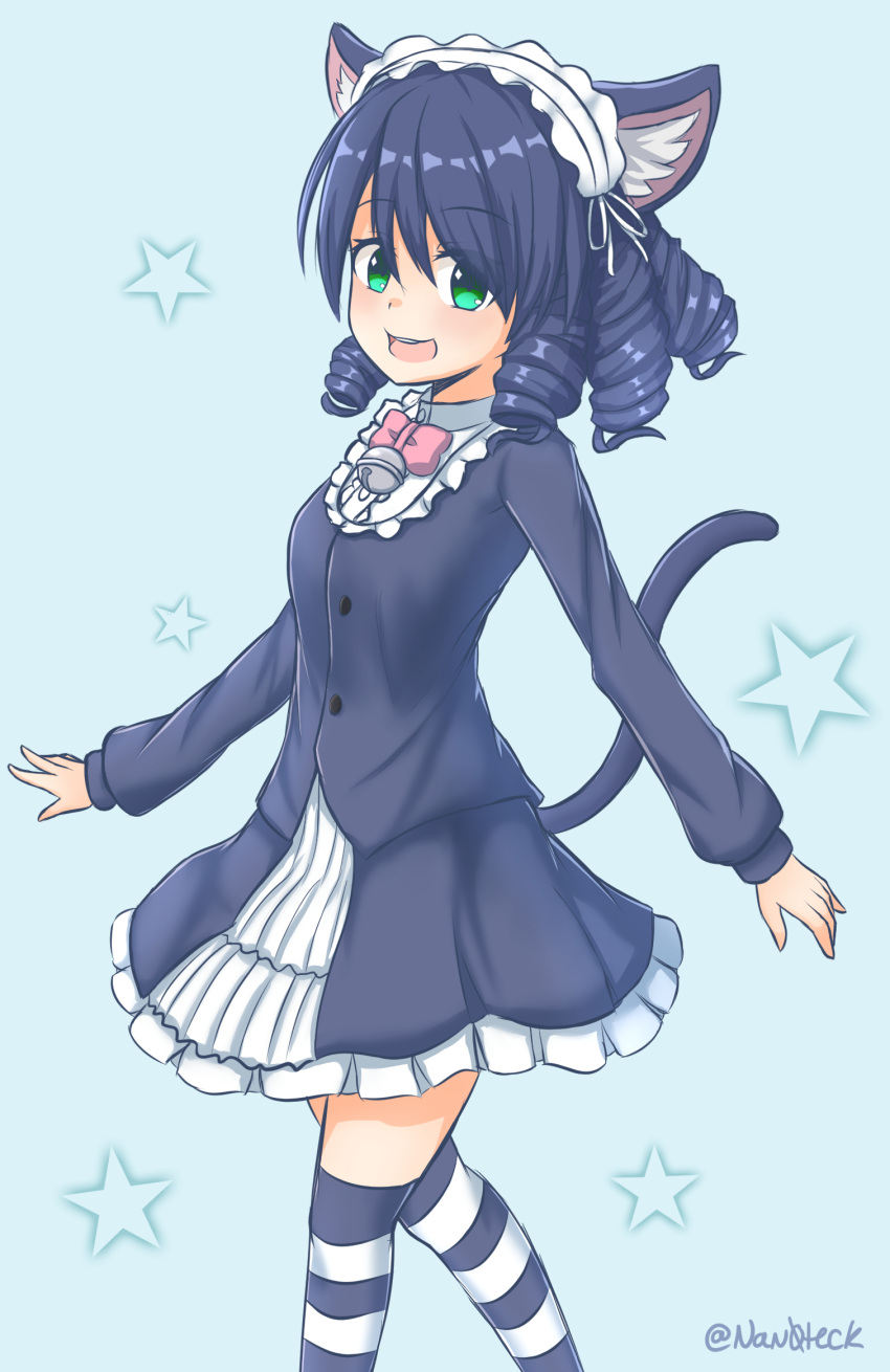 1girl, animal_ears, artist_name, bell, black_legwear, blue_hair, blush, bow