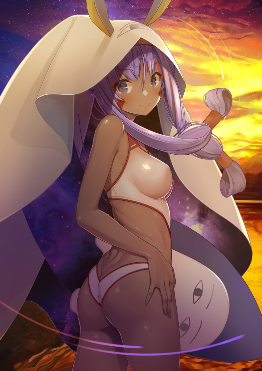 1girl, animal_ears, ass, at-yui, breasts, closed_mouth, cowboy_shot, dark_skin, dimples_of_venus, eyebrows_visible_through_hair, facial_mark, fate/grand_order, fate_(series), from_behind, hair_tubes, hairband, highres, kickboard, long_hair, looking_at_viewer, looking_back, medjed, nitocris_(swimsuit_assassin)_(fate), one-piece_swimsuit, perky_breasts, purple_hair, sidelocks, sky, smile, solo, swimsuit, very_long_hair, violet_eyes, white_swimsuit