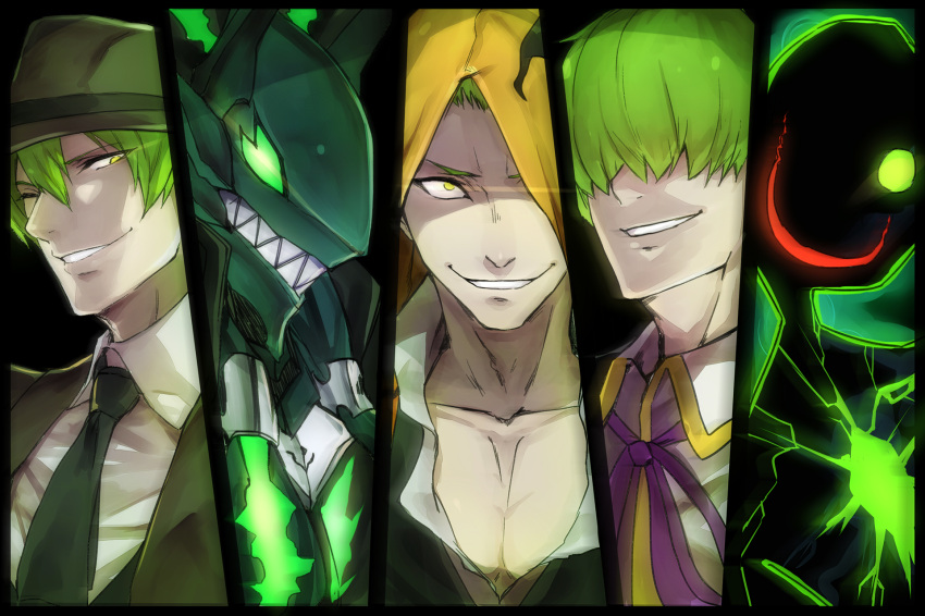5boys, blazblue, chest, crazy_smile, fedora, formal, ghost, green_eyes