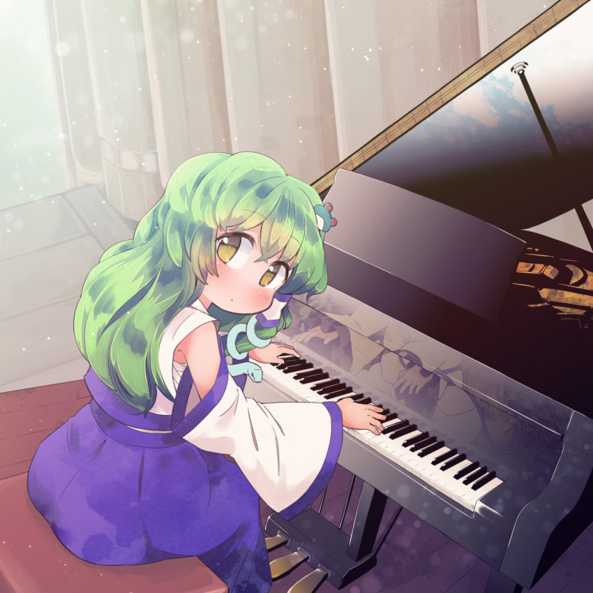 2girls, bangs, blonde_hair, blue_skirt, blue_sky, clouds, commentary_request, curtains