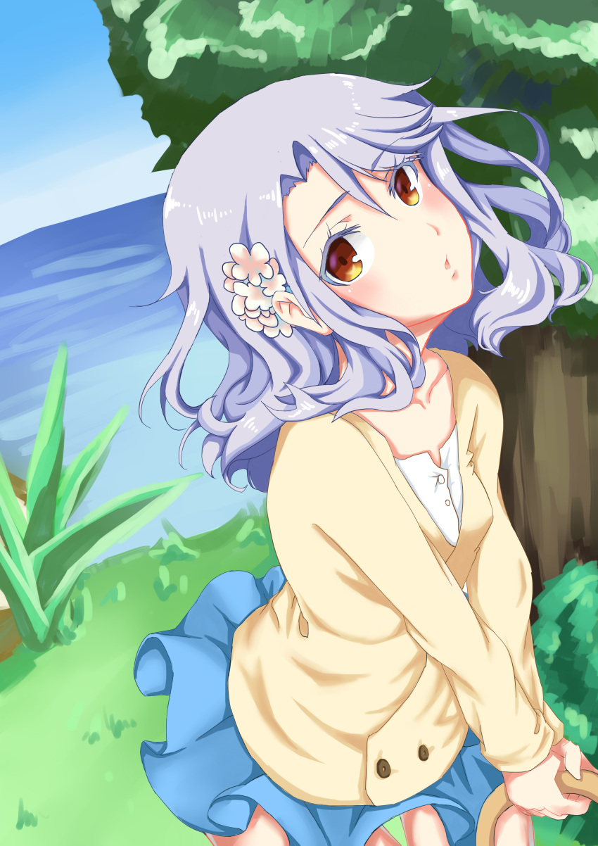 1girl, absurdres, blue_skirt, blush, brown_eyes, collarbone, eyebrows_visible_through_hair, flower, grey_hair, hair_flower, hair_ornament, highres, juno_(zhan_jian_shao_nyu), long_sleeves, looking_at_viewer, parted_lips, piao_qi_jiangjun, skirt, solo, tree, water, zhan_jian_shao_nyu