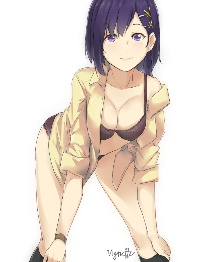 black_bra, black_panties, bra, breasts, character_name, cleavage, foreshortening, gabriel_dropout