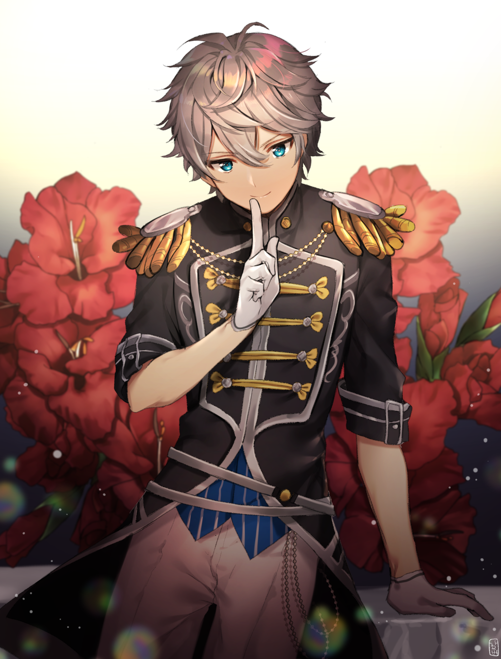 1boy, arm_support, bangs, belt, black_background, black_jacket, blue_eyes, buttons, closed_mouth, double-breasted, ensemble_stars!, epaulettes, finger_to_mouth, flower, gambe, gloves, gradient, gradient_background, grey_hair, hair_between_eyes, half_gloves, highres, index_finger_raised, jacket, light_particles, light_smile, looking_at_viewer, male_focus, military, military_jacket, military_uniform, pants, red_flower, sena_izumi_(ensemble_stars!), short_hair, short_sleeves, shushing, silver_hair, sleeves_folded_up, smile, solo, standing, striped, uniform, white_background, white_gloves, white_pants, yellow_background