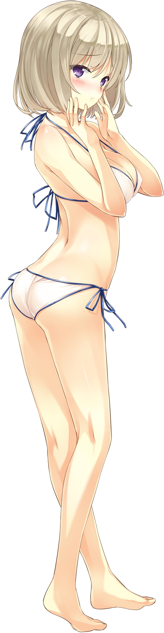 1girl, ashishun, ass, barefoot, bikini, blonde_hair, blush, breasts